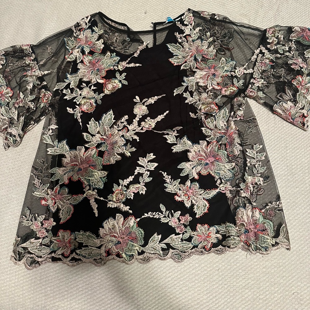 Floral Embroidered Black Mesh Top